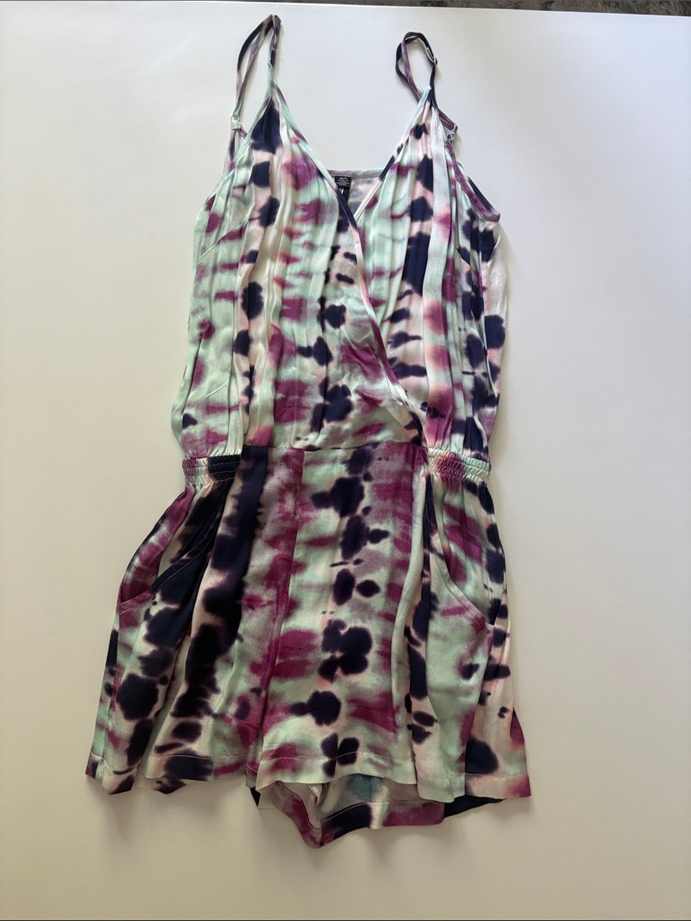 Design Lab  Tie-Dye Sleeveless Romper in Mint & Plum & Purple
